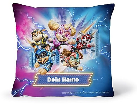 PICANOVA – PAW Patrol Kissen Mit Name – Der Mighty Kinofilm Pups Fotokissen mit Füllung 60x60cm – Text individuell Bedruckt – Personalisiertes Geschenk für Kinder