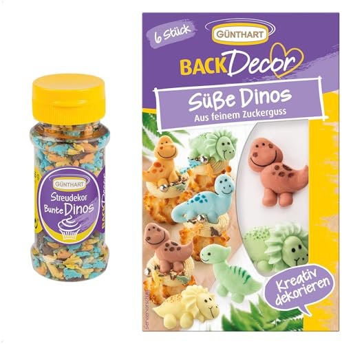 Günthart BackDecor Dinosaurier SET Zuckerfiguren mit 6 bunte Dinos und bunte Dino Streudeko, 2er Set (75 gr)