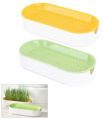 GYWHOOFT 2 Stück Keimschale Katzengras, Pflanzen Hydrokultur-Gras-Tablett, Pflanzschale für Katzengras, Katzengras-Wachstumsset Fenstergarten-Kit Hydroponik(Gelb, Grün)