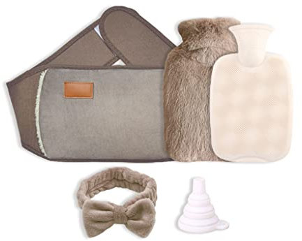 Anlising 3 in 1 Hot Water Bottle Pouch, Hot Bottle Bag, Warm Water Bag, Hot Water Bottle with Waist Cover, Hot Water Bottle Pouch with Soft Belt+Headband+Funnel, for Pain Relief Waist Back Neck(Brown)
