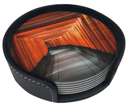 Fushimi Inari Taisha Druck Untersetzer Getränkeuntersetzer Runde Leder Untersetzer für Keramik Tasse Kaffeetasse Home Bar Büro 6er Set