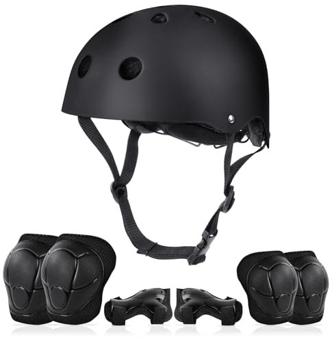 flintronic 7PCS Casco y Protecciones Ajustable Infantiles Set para Niños de 2 a 13 Años, Conjuntos de Patinajes Niños Protecciones, Set Rodilleras Casco, Coderas y Muñequeras - M Negro