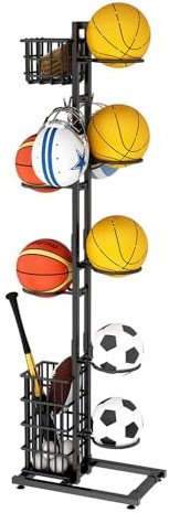 Whemyreat Scaffale portaoggetti per 7 palline, attrezzi sportivi con supporto per palla e basket, supporto per pallacanestro, garage, stoccaggio per palline, organizer sportivo con cestino, organizer