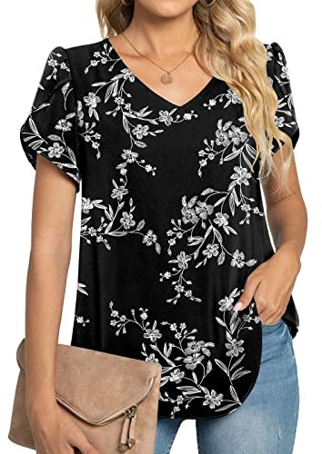 TAOHUADAO Women Summer Casual T-Shirts V Neck Petal Short Sleeve Chiffon Tops Loose Comfy Blouse, White-Black Florets XL