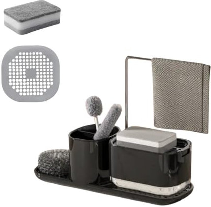 Dispensador Jabon Cocina, Dosificador jabon Cocina, Organizador Fregadero Cocina, Dispensador de lavavajillas recagable, con Soporte de Bayeta, Porta Estropajo, Incluye Estropajo y colador (Negra)
