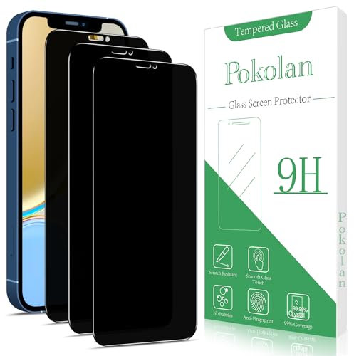Pokolan Lot de 3 Verre Trempé Anti Espion pour Apple iPhone 12, 12 Pro, Film Protection écran Confidentialité, Anti-Reflet, Anti-Empreinte, Dureté 9H, HD Vitre Protecteur