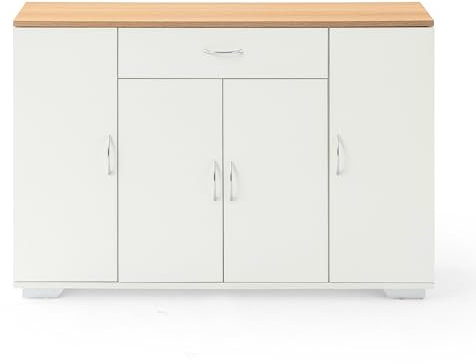 HOMYLIN Coffee Bar Armario de Cocina, aparador con 1 cajón y 4 Puertas, Isla de Almacenamiento para Cocina, Comedor, Sala de Estar, baño, Entrada, Color Blanco
