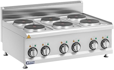 Royal Catering Elektroherd Gastro 12 kW 6 Kochplatten zu je Ø 19 cm Tischgerät 3 Heizstufen bis 450 °C E-Herd mit Dunstabzug Tisch-Herdplatten Gastroherd Edelstahl