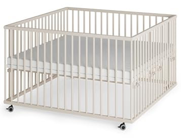Sämann Laufstall Baby mit Matratze Cloud Air & Lattenrost | stufenlos höhenverstellbar | Laufgitter Premium | Babybett aus Holz | Krabbelgitter (sahara dust, 120x120 cm)