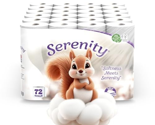 Serenity Soft Quilted Toilet Tissue 3‑Ply – Luxuriously Soft, Gentle & Strong Bulk Toilet Rolls, Hypoallergenic, Mega Value Pack of 72 Rolls, Sustainable & Dermatologically Tested
