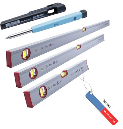 Kaufmann Wasserwaagen ASK Set– Profi Wasserwaagen Set aus Aluminium – Verstärktes Profil – 1 Horizontal- und 1 Vertikallibelle – Rutschstopper – Made in Germany – inkl. Tieflochmarker(Set 40+80+100)
