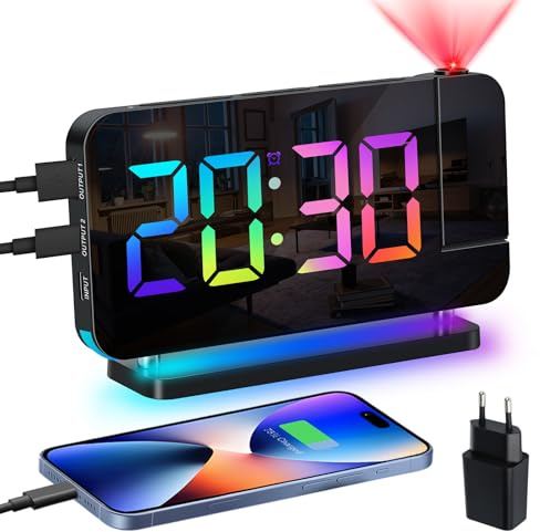 Venchin Wecker Digital: Projektionswecker 180°Projektor, Tageslichtwecker mit Netzteil USB-A & USB-C Ladeanschluss Snooze 12H/24H DST 7,4 LED Tischuhr Modern Digitaluhr Kinder
