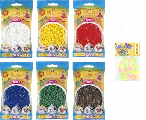 Happy Price Toys Hama Midi Bügelperlen (Kon-2) Konvulut 6x Vollton Farben,Weiß,Gelb,Rot,Grün,Blau,Braun + Bonus 100 HPT Leuchtperlen (Glow in the dark)