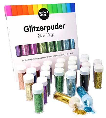 perfect ideaz • 24 x 10g (240g) Glitzerpuder bunt, Glitzerpulver in 24 Farben, Bastel-Glitter-Staub in Dose mit Streu-Deckel, Set Deko-Sand ideal zum Basteln für Kinder, Karten & Papier