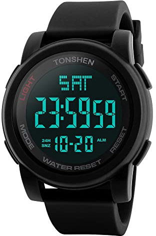 TONSHEN Herren Digital Uhren Outdoor Militär 50M Wasserdicht Multifunktional Sportuhr LED Elektronik Doppelte Zeit Groß Plastik Lünetten und Kautschuk Band Armbanduhr (Schwarz)