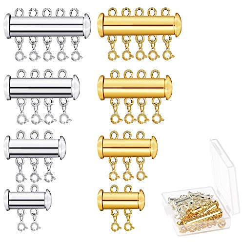 8 Stücke Multi Strang Magnetverschluss, Multi Strands Slide Tube Verschlüsse, 4 Größen Mehrstrangverschlüsse Kettenverlängerer Mit Aufbewahrungsbox Für Die DIY Schmuckherstellung (Gold Und Silber)