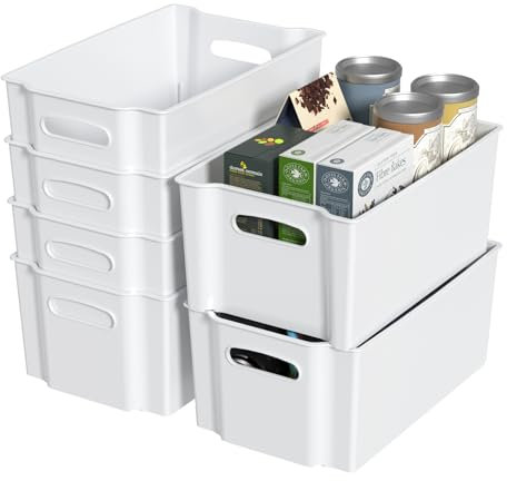 Sandmovie Set of 6 Plastic Storage Basket, White Open Plastic Stackable Freezer Box