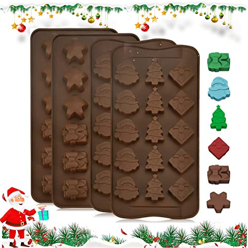 GOLRISEN 4 Stück Weihnachten Schokoladenformen Silikon Pralinenform Lebensmittelqualität Backformen zum Backen mit 5 Verschiedene Muster Wiederverwendbare Silikonform für Süßigkeiten Gelee Pudding
