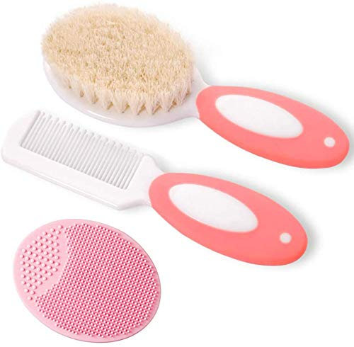 Baby haarbürste und Kamm Set für Neugeborene & Kleinkinder | Natürliche Weiche Ziegenborsten | Ideal für Cradle Cap | Geschenk zur Baby registrierung (Pink)