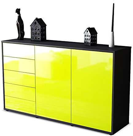 Stil.Zeit Kommode Sideboard, Aljoscha, Korpus anthrazit matt, Front Hochglanz Design Limettengrün, (136x79x35cm), Push to Open Technik & Leichtlaufschienen