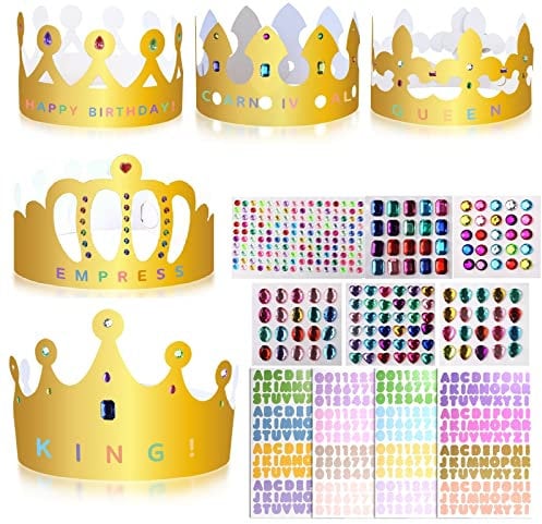 Weysoo Papier Krone Partyhüte, mit Selbstklebende Strasssticker & Alphanumerische Aufkleber, DIY Party Kronenhut Set für Prinzessin Königin Prinz Geburtstagsparty (5 Krone)