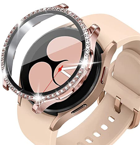KeeFos Coque pour Samsung Galaxy Watch 4 40mm, Bling PC Coque Couverture Complète Bling Frame Verre Trempé Protecteur d'écran pour Samsung Galaxy Watch 4 40mm (Or rose)