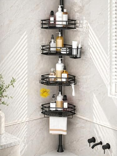 SEIRIONE Eck-Dusch-Caddy Spannstange, schnelle Einrichtung, rostfreier Badezimmer-Dusch-Organizer, Ecke für Badewanne, Shampoo, 4-stöckiges verstellbares Regal, bohrfrei, passend für 86,4 bis 29,6 cm