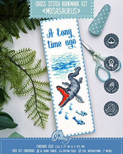 Povitrulya Dinosaur Counted Cross Stitch Kit Mosasaurus - DIY Bookmark Set for Hand Embroidery