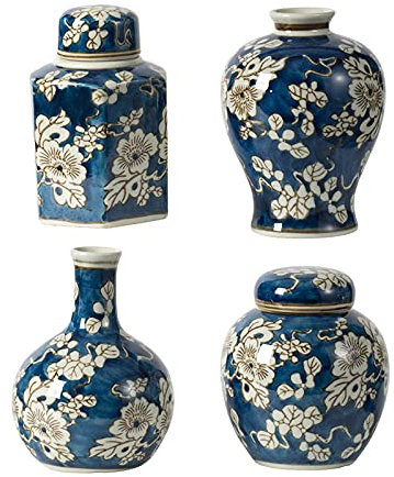 Orientalische blau-weiße Porzellanvase, Blumenvase im Retro-Stil, 4er-Set – handbemaltes Blumenmuster, blaue Vasen mit Deckel, Heimdeko-Aufbewahrungslösung, heiß glasiert, 10,2 cm bis 17,8 cm hoch