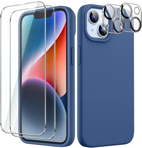 JETech 5 in 1 Silikon Hülle für iPhone 14 6,1 Zoll, mit 2 Stück Schutzfolie und Kameraschutz, Full Screen Panzer Schutz Glas Folie Displayschutz Kamera, Stoßfest Handyhülle (Kobaltblau)