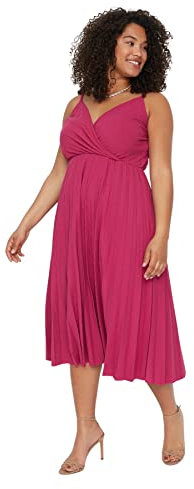 Trendyol Midi Mujer, Corte Holgado, Vestido de Punto, Acampanado, Ajuste Relajado, Talla Grande, Fucsia, 3XL