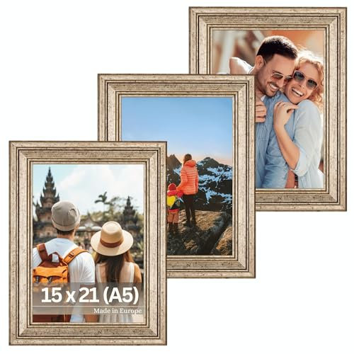 VictoR Bilderrahmen Goya in Silber 3er Set in 15x21 cm (A5) - Leiste: 31x19mm - Fotorahmen im Vintage Stil mit bruchsicherem Acrylglas - Bilderrahmen 15x21 Silber