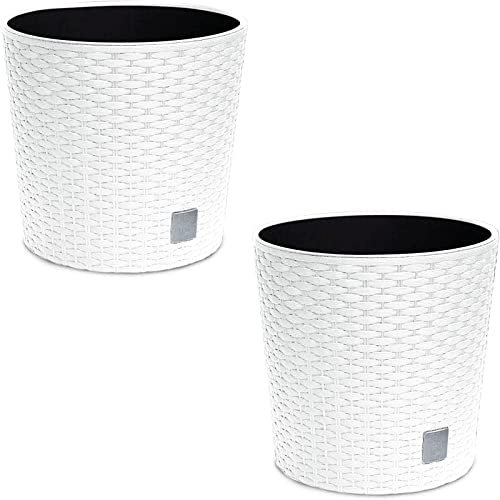 astor24 - 2X Blumentopf Anthrazit in Rattan-Optik - Pflanzkübel mit Einsatz - Rattan-Blumentopf für Garten - In/Outdoor - Höhe 22.5 cm - Ø 25 cm (2er Set 24,5cm Ø, Weiß)
