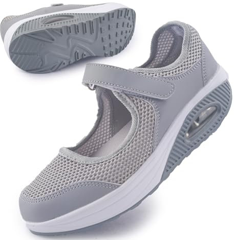 Git-up Damen Walking Schuhe mit Klettverschluss Atmungsaktives Vermascht Krankenschwester Schuhe Leichtes Memory Schaum Luftkissen Sneaker, Grau 38
