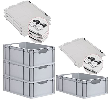 PROREGAL SuperSparSet 4x Eurobox NextGen Economy mit Scharnierdeckel & schwarzen Verschlüssen | Griffe offen | HxBxT 22x40x60cm | 44 Liter | Eurobehälter Transportbox Transportbehälter Stapelbehälter