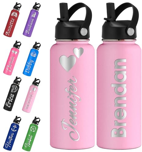 Xihedfd Personalised Water Bottles with Straw Lid 700ml/950ml/1150ml Custom Engraved Name Logo Stainless Steel Bottle Customised Insulated Thermos for School Sport Gym Work