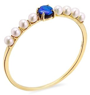 AMDXD Gelbgold 14K Ring für Damen, Dünn Hochzeitsband mit Opal Blau Rund, Au 585 Eheringe Pärchen Ringe Echte Goldschmuck, Gold, Gr.65