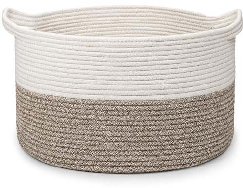 Virklyee Cesto Portabiancheria in Corda Intrecciata 32L Cestino in Corda di Cotone Φ40 x H25 CM Cesto per Coperte in Soggiorno con 2 Maniglia, per Abbigliamento e Cuscini(Blanc+Brun)