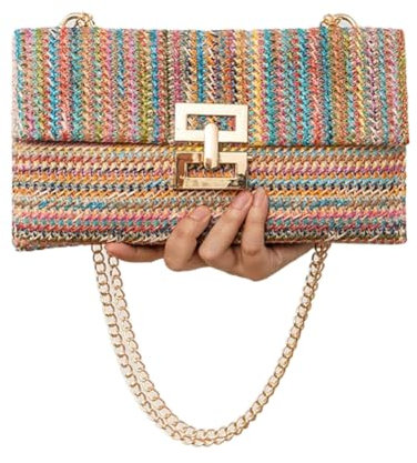 Youlity Damen Strohtasche Umhängetasche mit Kettenriemen Sommer Strandtasche Stroh Crossbody Tasche Handgewebt Rattantasche Handtaschen für Reise Arbeit Strand Täglicher Outdoor Schule (Bunt)
