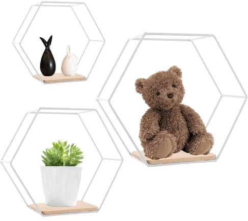Oungy 3er Set Hexagon Wandregal Metall, Weiß Hexagon Regal Wand Deko Hängeregal Loft Wandregale,Metall- und Holz-Hängeregalen für Wanddeko in Wohnzimmer, Schlafzimmer, Bad, Café und Hotel