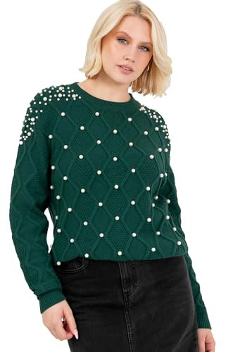 Lovedrobe Women's Crew Neck Jumper Ladies Cable Knit Long Sleeve Sweater Pearl Embellished Pullover Smart Casual Knitwear, Emerald Green 16-18