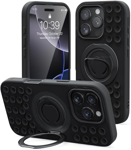 Mowei Compatible with iPhone 16 Pro Max Case, Suction Cup Mount Dual 360° Ring Grip Holder Stand, Military Grade Drop Protection with Built-in Kickstand, Anti-Slip Edge-Dull Black