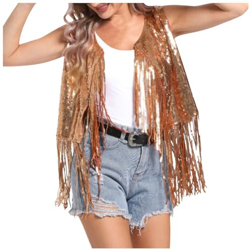 Duohropke Metallic Glänzend Jacke Damen Party Club Jacke Tops Hiphop Lametta Cardigan Festlich Rave Outfit Pailletten-Fransenweste Boho Western Jacke