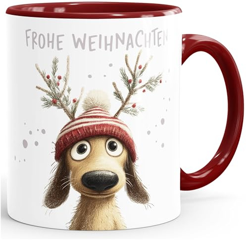 SpecialMe® Weihnachtstasse Frohe Weihnachten Dackel Lustig Keramiktasse Geschenkidee Adventskalender Nikolaus Keramiktasse Weiss-innen-bordeauxrot standard