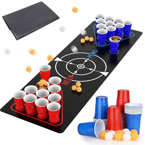 Set de Beer Pong para Fiesta y Adultos, Juego de Bebida Portátil con Mantel de Mesa, Vasos Reutilizables (500ML) Rojo y Azul y Pelotas de Ping Pong, Fácil de Limpiar para Camping, Cumpleaños y Bodas