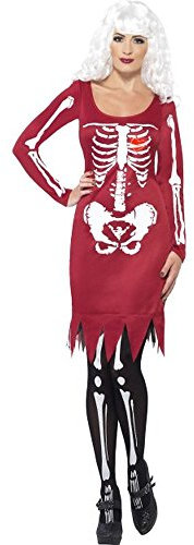 Smiffys Beauty Bones Costume, Red Dress with Long Sleeves and LED Heart, Halloween Adult Fancy Dress, Skeleton Dress Up Costumes