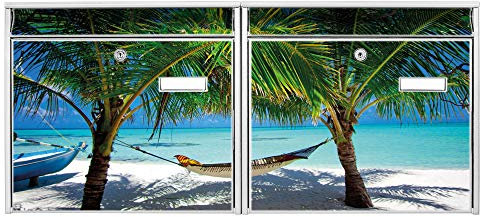 Burg Wächter Briefkastenanlage doppelt | 2 Briefkästen 72x32x10cm groß | Stahl weiß verzinkt mit Namensschild | Doppelbriefkasten 2 Schlüssel | Motiv Strand