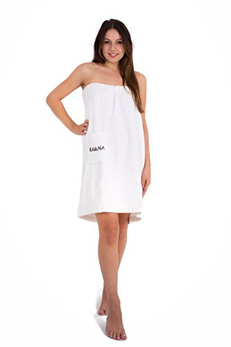 Julie Julsen Saunakilt für Damen 75 x 140 cm Druckknöpfen und Gummizug 100% Baumwolle Tasche aufgesetzt Weiß