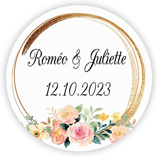 MameArt 50stk 4cm Personalisiert Hochzeit Aufkleber, mit Namen und Datum Sticker für Hochzeit Gastgeschenk Taufe Kommunion Geburtstag Feste Geschenke Präsente (Kranz K), 3AL0101A