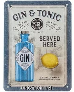 Nostalgic-Art Retro Blechschild, 15 x 20 cm, Gin & Tonic Served Here – Geschenk-Idee als Bar-Zubehör, aus Metall, Vintage Design, Blechschilder Sprüche